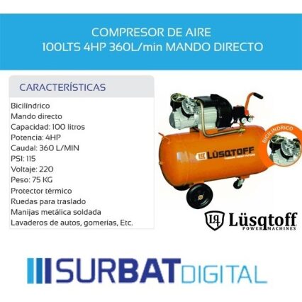 Compresor Aire 100 Litros 3 Hp 85 Kg Lusqtoff Lc-30100 220v - Surbat Digital